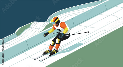 An athlete in sportswear with helmet and goggles skiing down a snowy ramp track