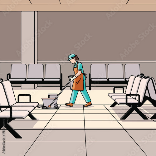A janitor in a uniform mops the tiled floor in a quiet airport waiting lounge