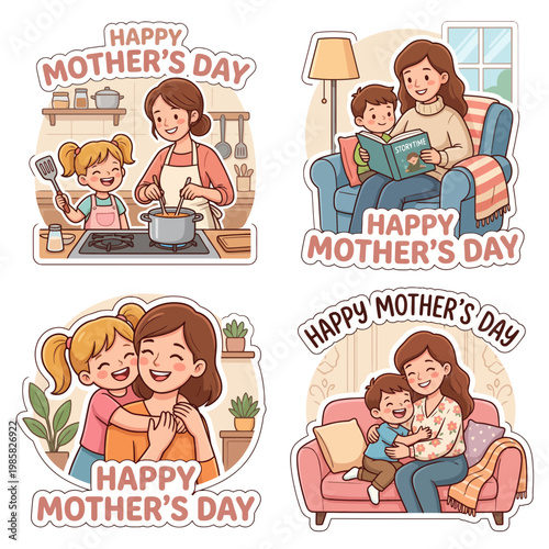 Happy Mother’s Day vector set of 4 designs depicting family bonding