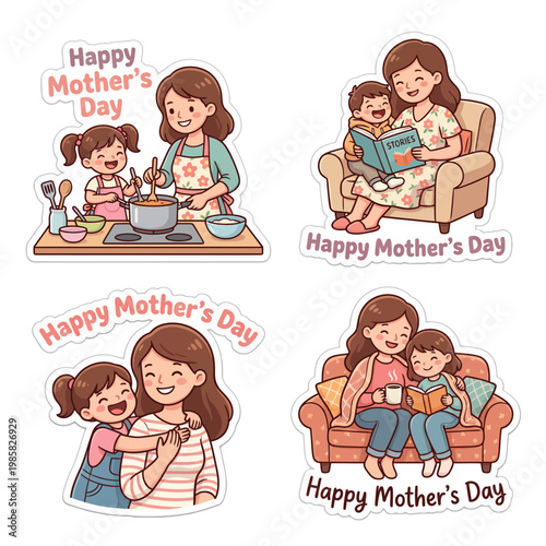 Happy Mother’s Day vector set of 4 designs featuring mom and kids