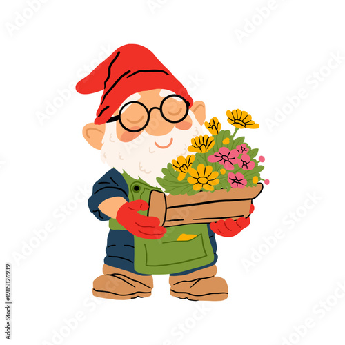 A cute garden gnome holding a flowerpot. A fun gardener, perfect for spring gardening, children's illustrations, stickers, and nursery decor. Vector illustration on a white background.