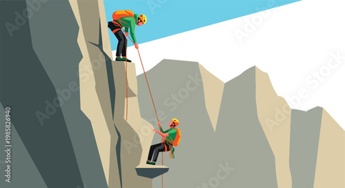 Two rock climbers ascending a jagged cliff face using ropes and safety harnesses