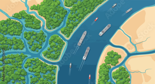 Aerial view of cargo ships navigating through a delta with lush green islands