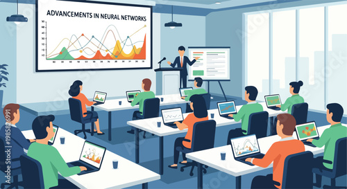 A presenter gives a lecture on neural networks to students using laptop computers