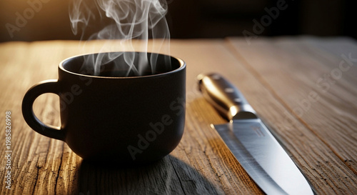 A coffee cup with a knife on a wooden table, coffee and knife, cup of coffee on wooden table