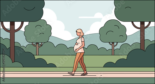 A pregnant woman walks along a path through a peaceful, green outdoor park scene