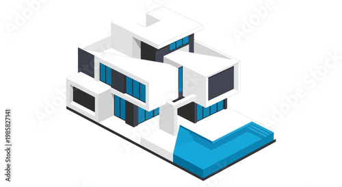 Modern white house with blue accents in isometric style for real estate