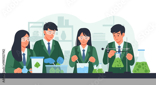 Students conducting scientific experiments with glassware and chemicals.