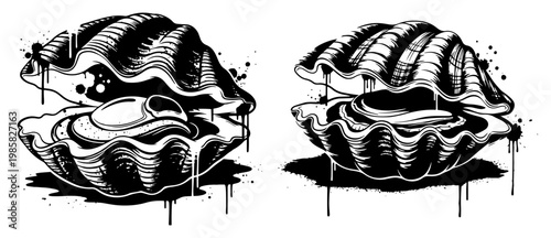 Clam shells with pearls in black and white graffiti stencil style