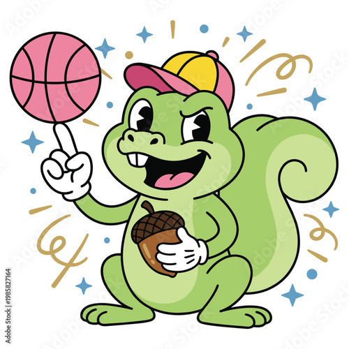 Funny squirrel mascot spinning pink basketball on finger while holding acorn in retro style.