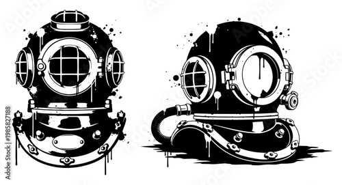 Vintage diving helmets in deep sea diver graffiti stencil style