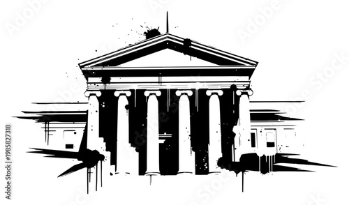Neoclassical building facade with columns and pediment in black ink splatter style