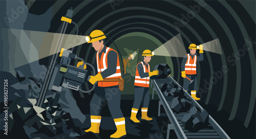 Workers in protective gear excavating coal in an underground tunnel with machinery