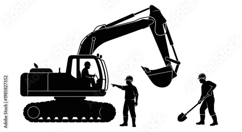 Yellow excavator loader and shovel digging earth at construction site with heavy machinery and industrial equipment