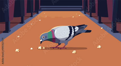 A pigeon pecking at scattered popcorn on a cinema floor between theater seats