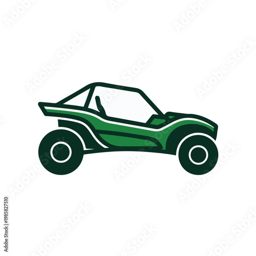 Green dune buggy illustration with a sleek design and large off-road tires on a white background