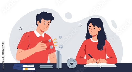 Two Students Engaged in Studying and Learning Together in a Classroom.