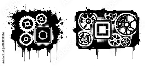 Mechanical gears and computer processor chip in black and white stencil style