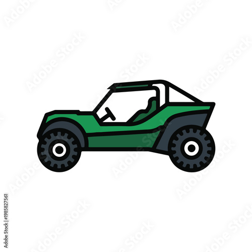 Green dune buggy illustration with a sleek design and large off-road tires on a white background