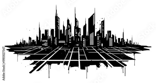 City skyline silhouette with street grid and skyscraper buildings in urban stencil style