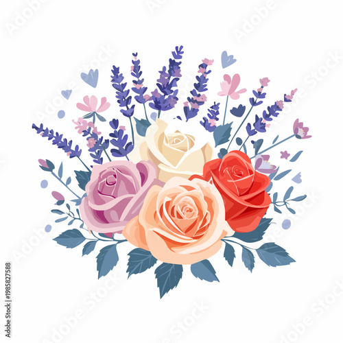 Ein frischer, liebevoll arrangierter Blumenstrauß aus eleganten Rosen und duftendem Lavendel.