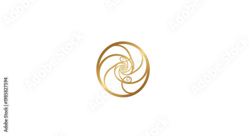 A luxurious golden circular logo featuring an intricate spiral design with elegant thin lines and a metallic gradient finish. This abstract vector icon symbolizes energy, movement, and sophistication.