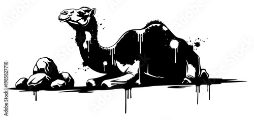 Camel resting on the ground near rocks in black ink splatter style