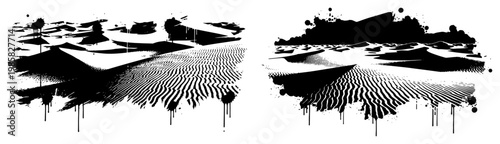 Desert sand dunes with rippled texture in black ink splatter style