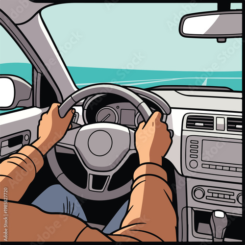 Hands on a steering wheel inside a car driving on a road during the daytime