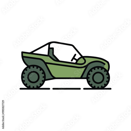 Green dune buggy illustration with a sleek design and large off-road tires on a white background