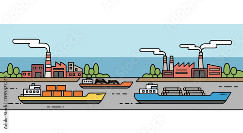 Industrial harbor scene with cargo ships, container vessels, and factory plants