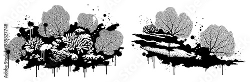 Coral reef and underwater sea plants in black ink splatter style