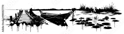 Wooden pier and boat on lake with water lilies in black and white street art style