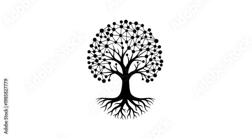 Black silhouette tree with roots and leaves.