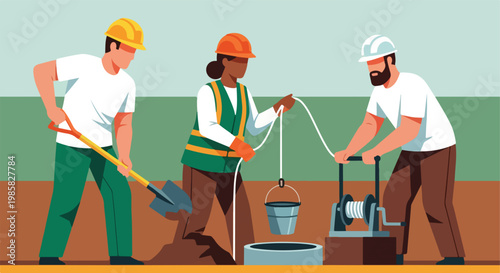 Three construction workers collaborating on an excavation site using tools and rope