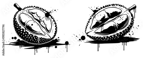 Durian fruit sliced open with exotic seeds in urban street art style