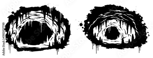 Dark cave entrances with stalactites in black and white graffiti stencil style