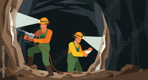 Two miners wearing helmets with headlamps work inside a dark rock tunnel