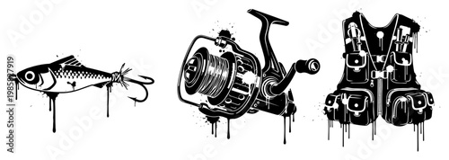 Fishing gear including lure reel and vest in black ink splatter style