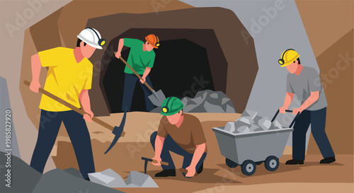 Four miners work together underground, using tools to extract ore from the cave