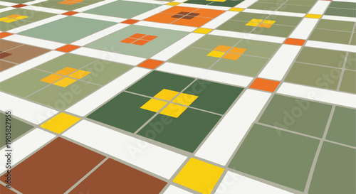 A perspective view of a repeating floor pattern made of colored square tiles