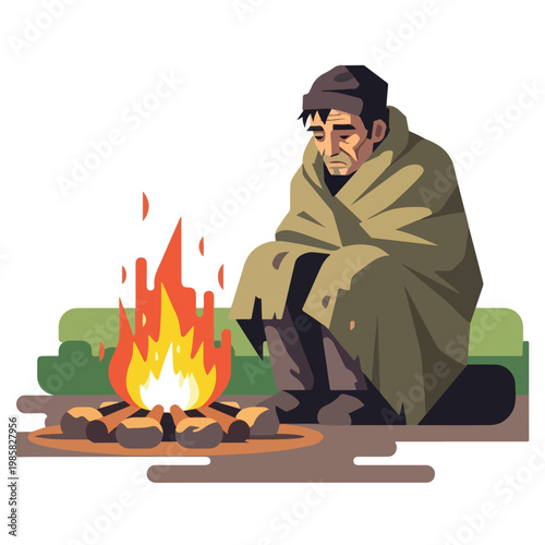 A homeless man sits huddled in a blanket for warmth next to a small campfire