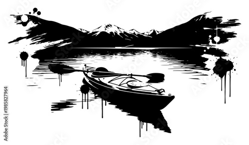 Kayak with oars on a calm mountain lake in black ink splatter style
