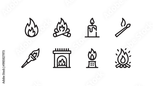 A collection of simple black and white line icons representing various types of fire and flames.