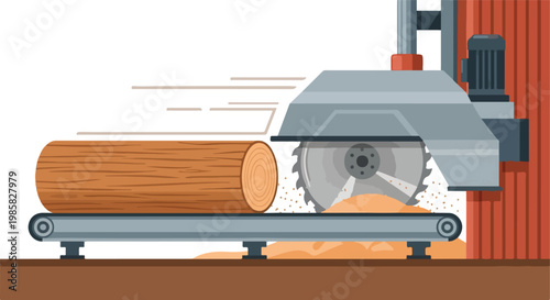 Industrial circular saw cutting a wooden log on a conveyor belt in a sawmill