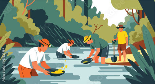 Men panning for gold in a river with shovels surrounded by lush forest trees