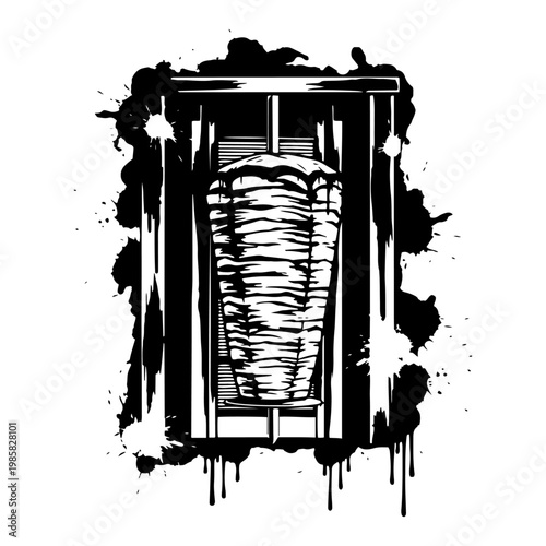 Doner kebab meat on rotisserie skewer in urban street art style