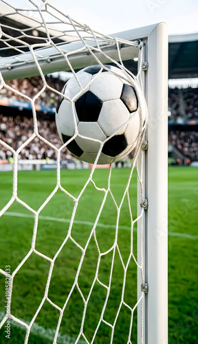 Football Match, Sports Victory, Goal Concept. Soccer Ball Stuck in Goal 