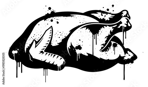 Whole roasted chicken with ink splatters in black and white graffiti stencil style