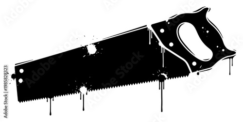 Handsaw carpentry tool in black and white ink splatter stencil style